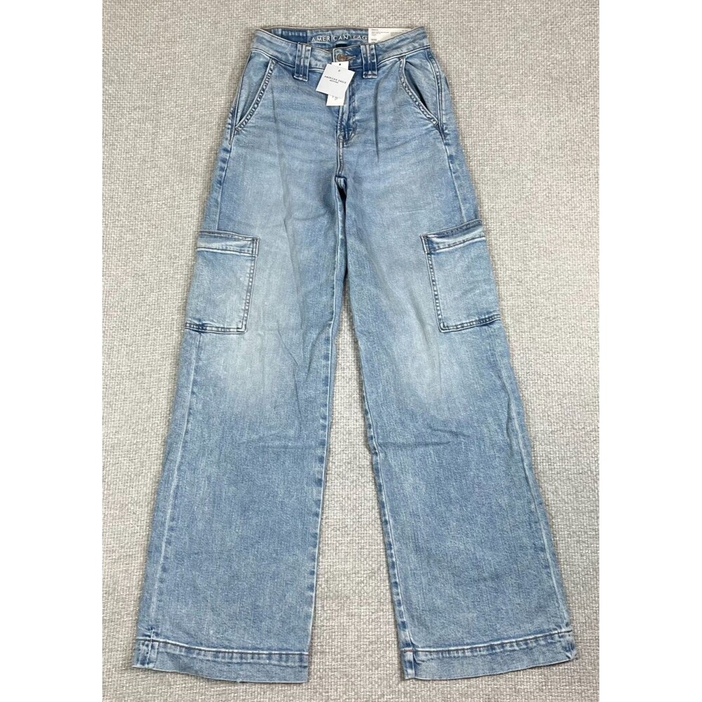 American Eagle Jeans Baggy Wide Leg Cargo High Rise Stretch Size 000 NEW